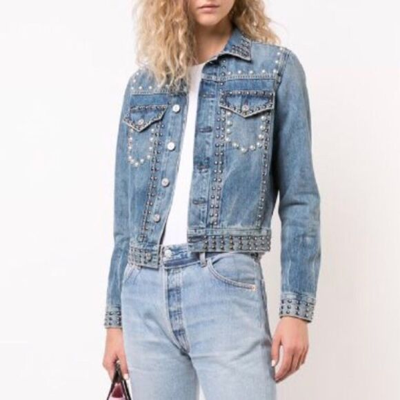 COH Cleo Embellished Studded Button Front Denim Jean Jacket Blue S - Picture 13 of 14